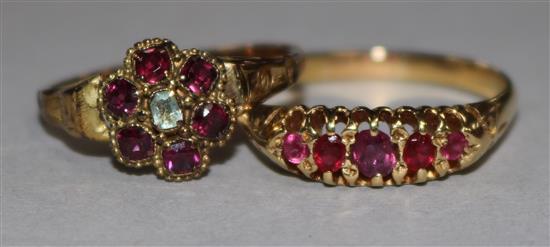 A Victorian gem set gold cluster ring and a five stone ruby ring